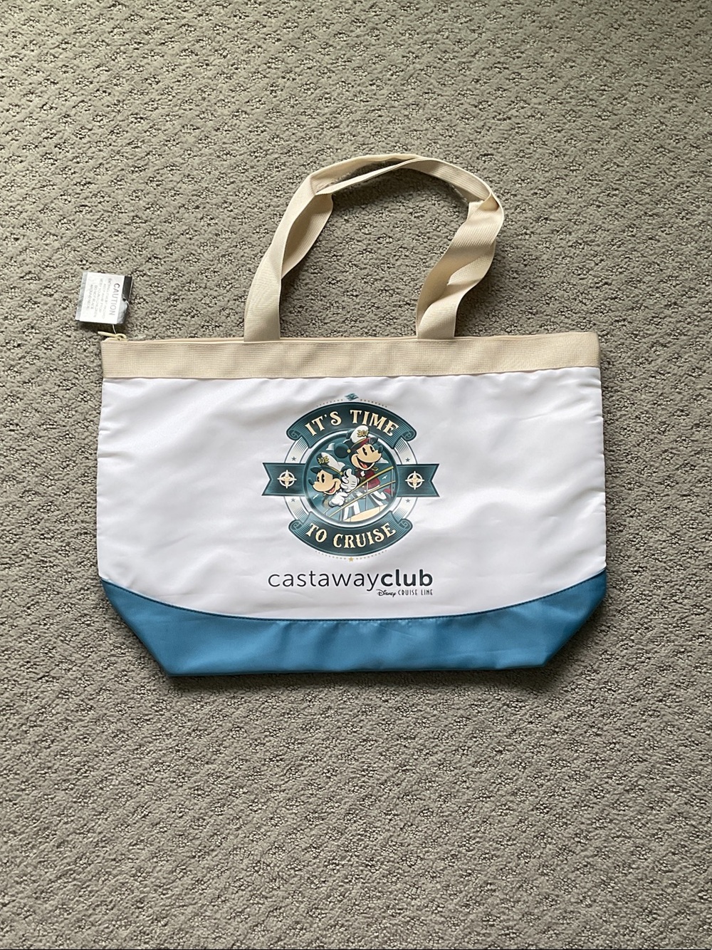 Disney Castaway Club Tote — White & Teal with Beige Straps 0445